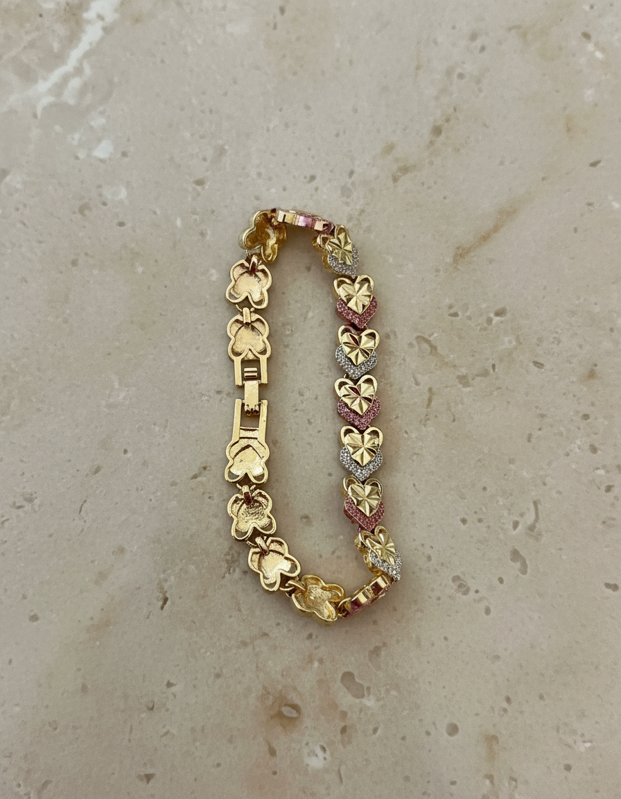 18K GOLD FILLED THREE TONE HEART BRACELET