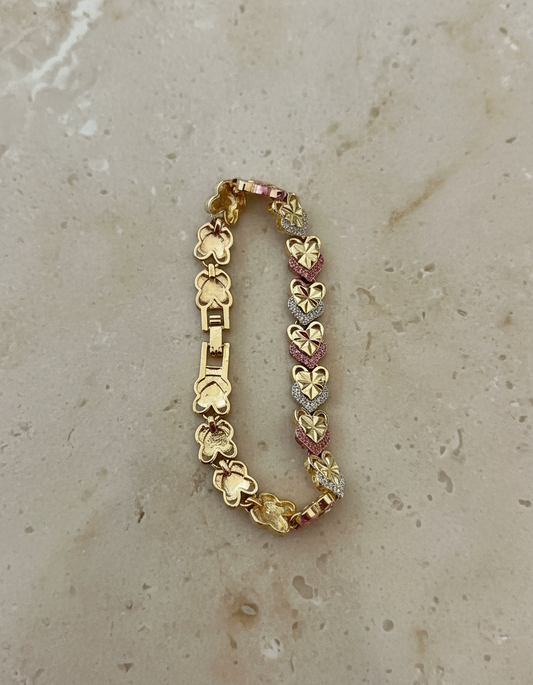 18K GOLD FILLED THREE TONE HEART BRACELET