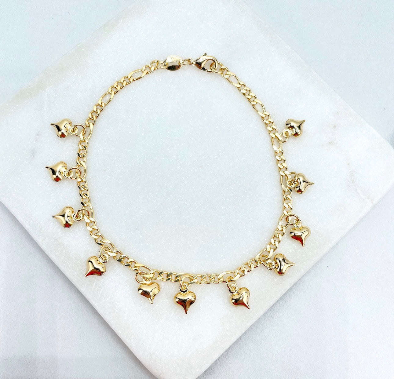 14K GOLD PLATED FIGARO CHAIN HEART CHARM ANKLET