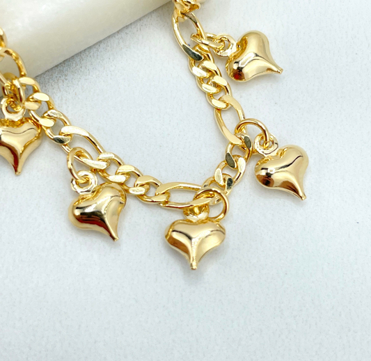 14K GOLD PLATED FIGARO CHAIN HEART CHARM ANKLET