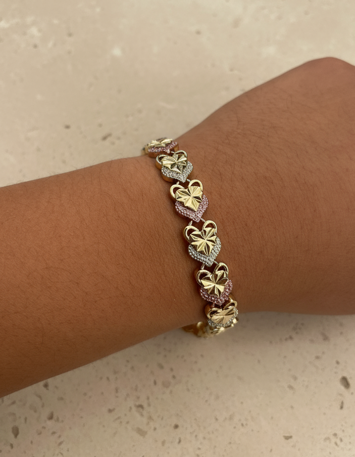 18K GOLD FILLED THREE TONE HEART BRACELET